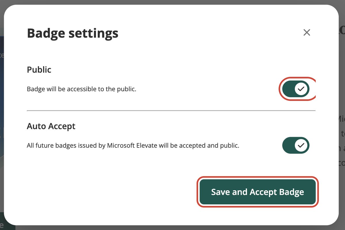 Badge settings 창. Public 스위치와 Save and Accept Badge 단추